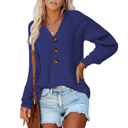 New Button Knitted V-Neck Sweater for Women