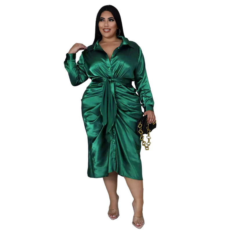Elegant Plus Size Satin Ruched Long Sleeve Midi Dress