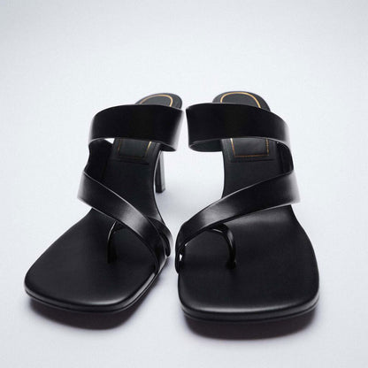 High-Heeled Black Leather Sandals with Asymmetric Belt