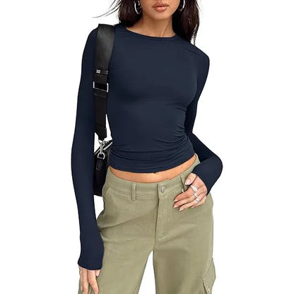 Women T-shirt Long Sleeve Crew Neck Solid Slim Fit Tee  Crop Top