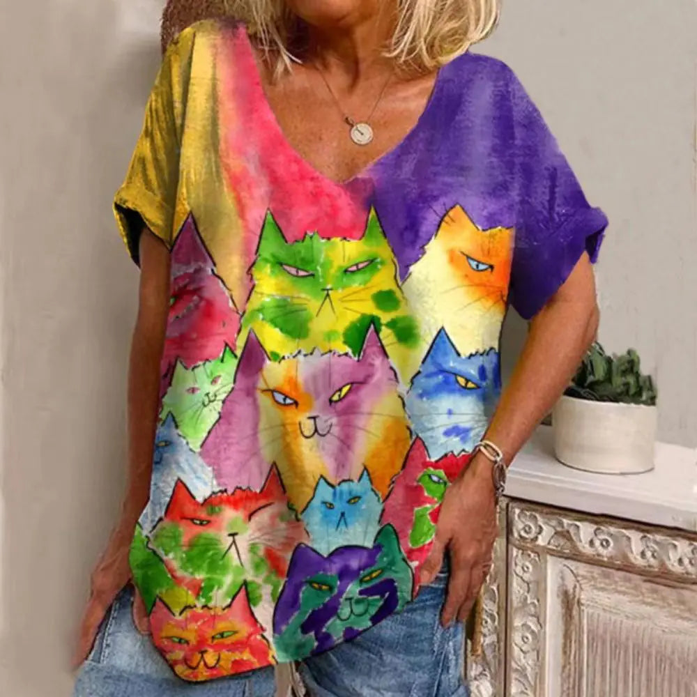 Sommerliches Damen-V-Ausschnitt-T-Shirt mit 3D-Druck
