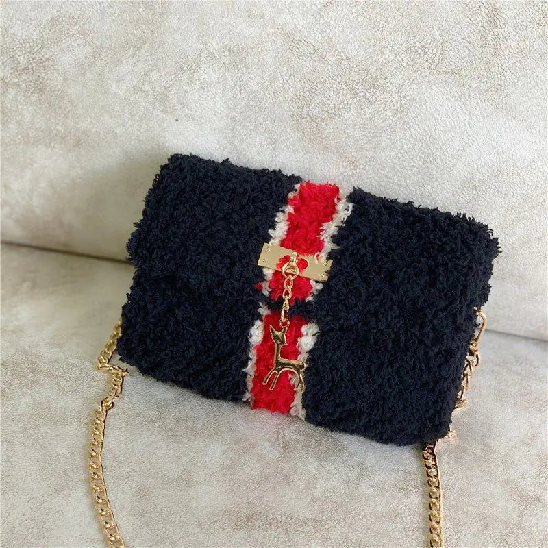 Bolso de Hombro de Peluche Forrado de Lana Tejido a Mano