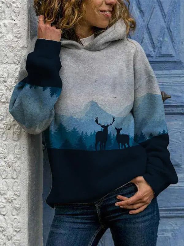 Hooded Long Sleeve Casual Digital Print Sweater for Women