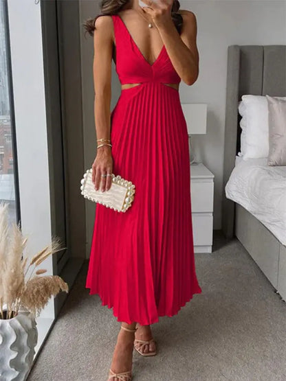 Pleated V-Neck Hollow Waist Long Dress