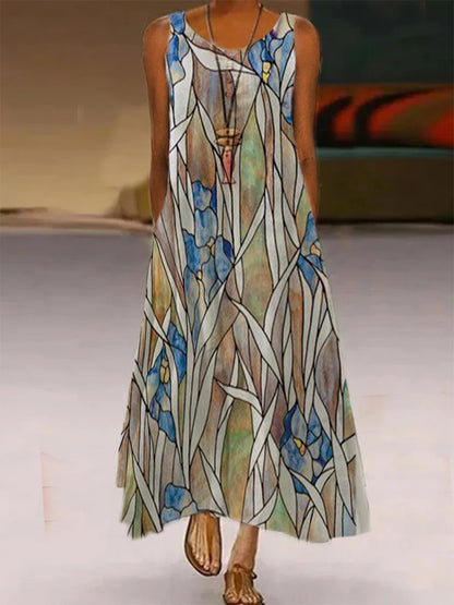 Printed Pocket Round Neck Long Skirt for Women