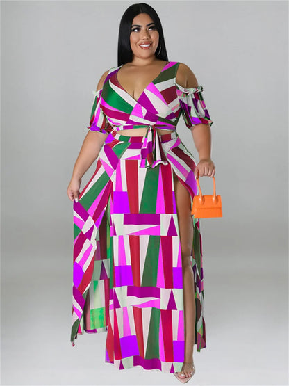 Plus Size Dress Sets Two Piece V Neck Printed Crop Top Big Swing Skirts
