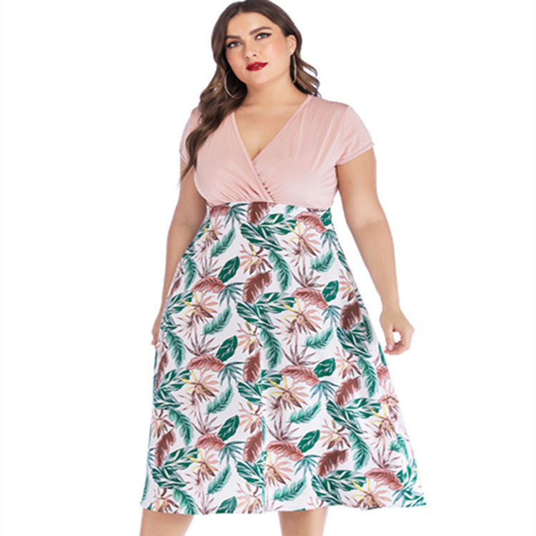 Plus Size Chiffon Print Dress with Cross V-neck