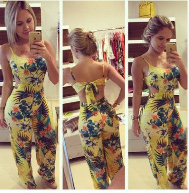 Fashion Floral Print Backless Jumpsuit