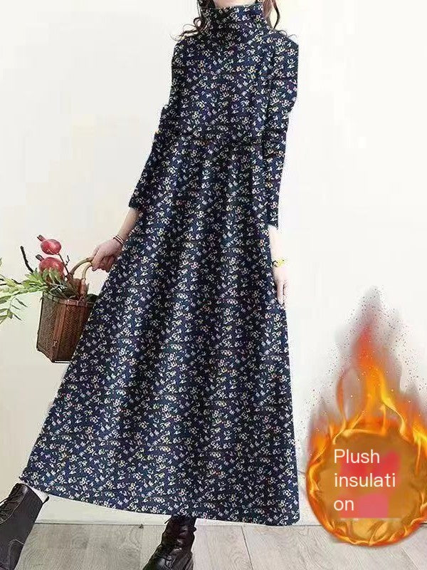 Retro Floral Turtleneck Dress for Women