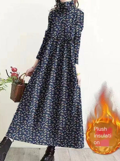 Retro Floral Turtleneck Dress for Women