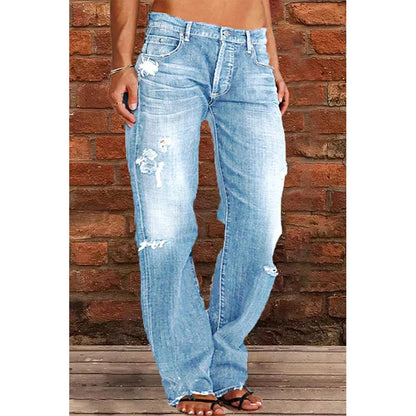 Women's Casual Mid-Waist Distressed Denim Pants