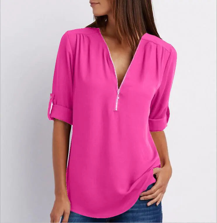 Plus Size V-Neck Long Sleeve Zip Chiffon Shirt