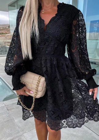 Lace-Trimmed Long Sleeve Dress