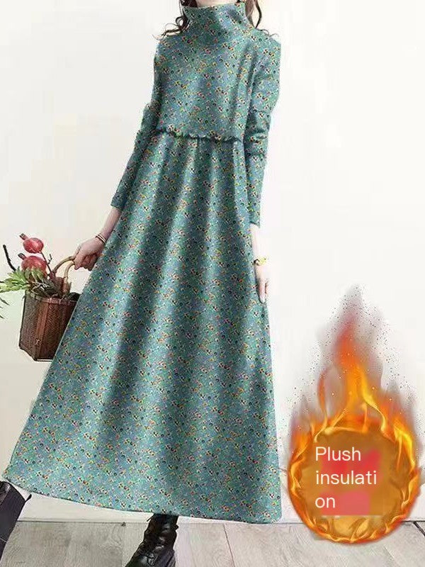 Retro Floral Turtleneck Dress for Women