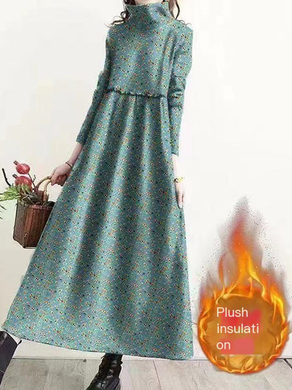 Retro Floral Turtleneck Dress for Women