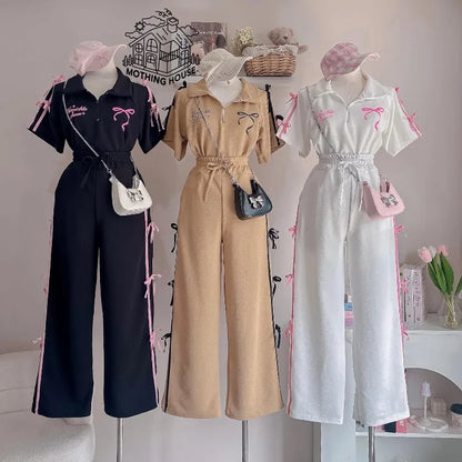 Sweet Suit Women's Bow-tie Printed POLO Shirt  Wide-leg Trousers Two-piece Set