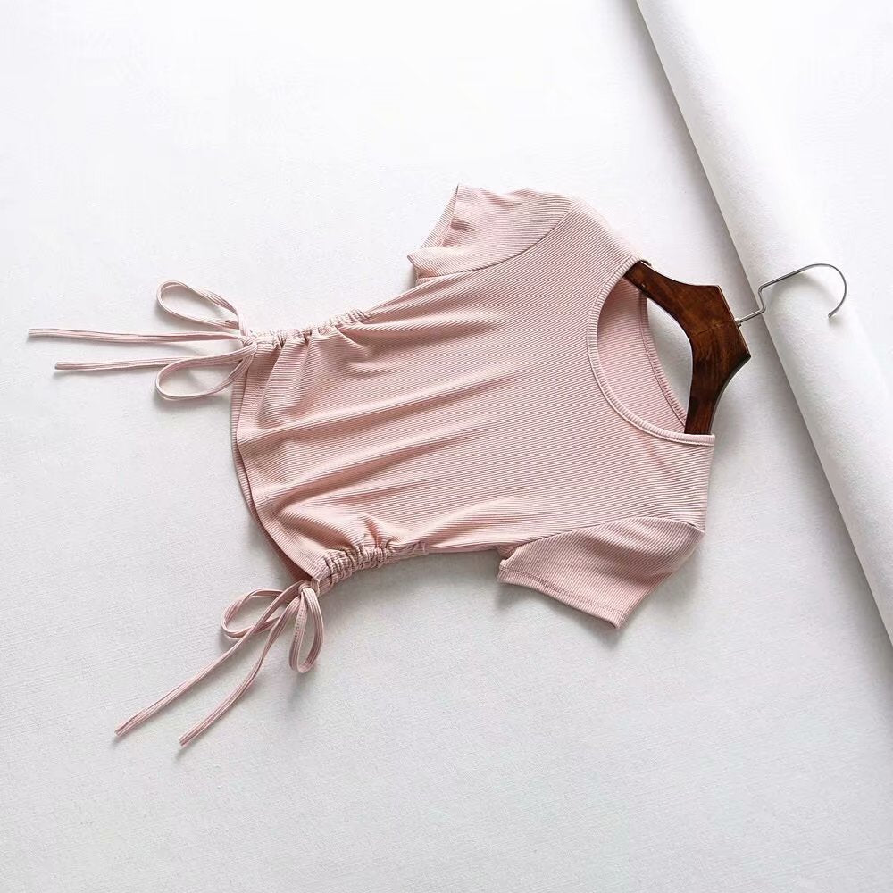 Drawstring V-Neck Slim Fit Women's Short Sleeve T-Shirt