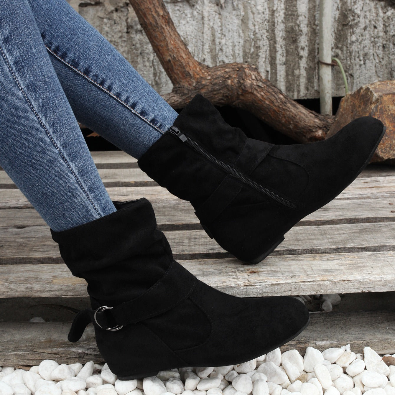 Ankle Boots  Round Toe Buckle Belt Side Zipper Boots