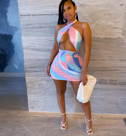 Backless Tie Dye Halter Bodycon Mini Dress