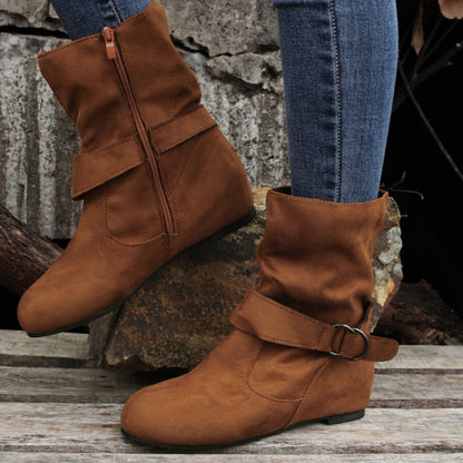 Ankle Boots  Round Toe Buckle Belt Side Zipper Boots