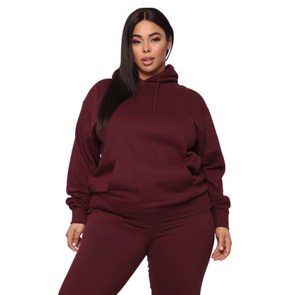 Plus Size Casual Solid Color Hooded Sweater Set