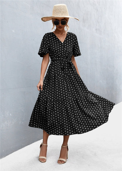 Women's V-Neck Polka Dot Floral Tie Dress