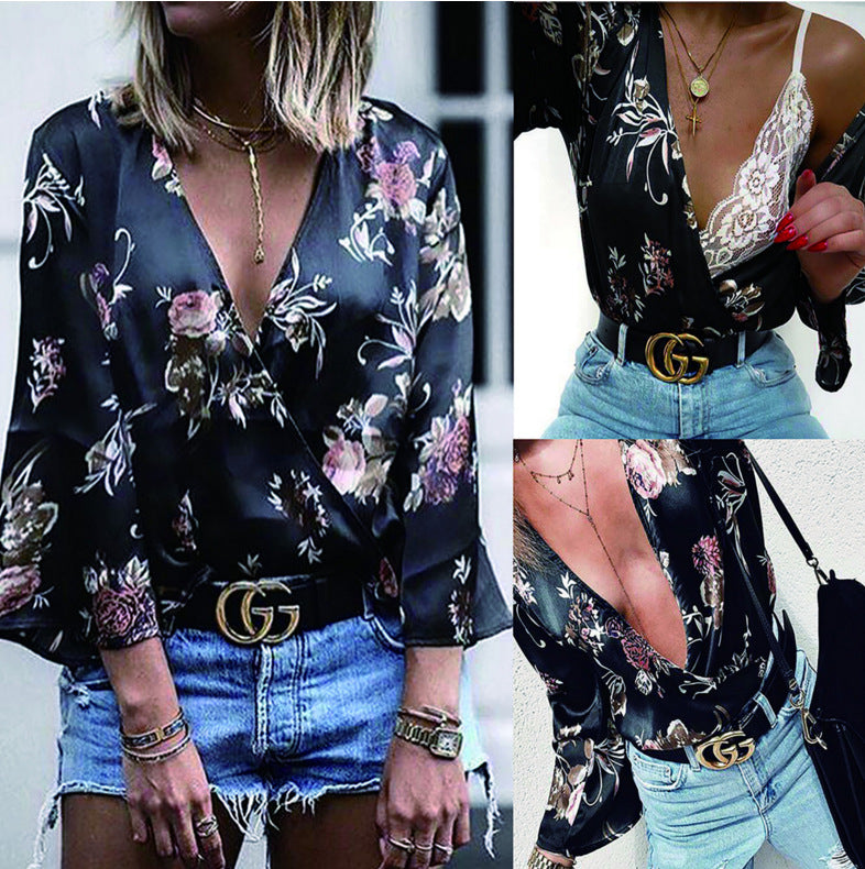 Floral Print Deep V-Neck Long Sleeve T-Shirt