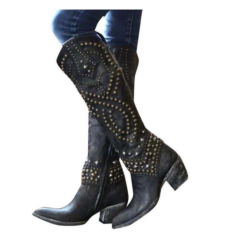 Women's Studded Knee-High Boots with Chunky Heels