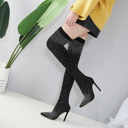 Rhinestone Knee-High Boots with Stiletto Heels