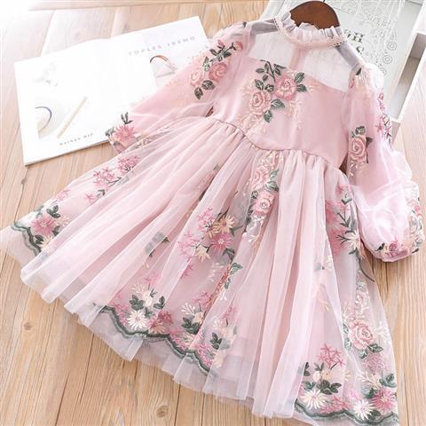 Girl's Long-sleeved Lace Flower Embroidered Dress