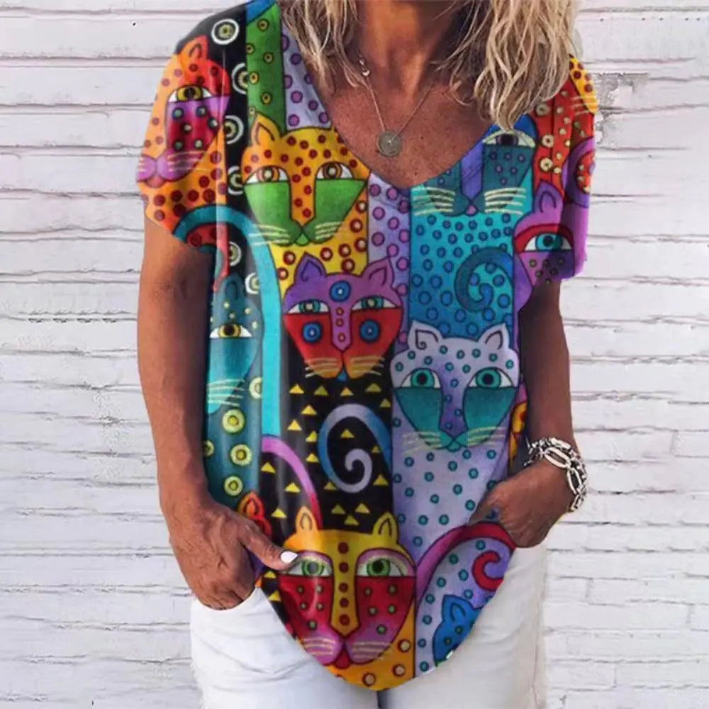 Sommerliches Damen-V-Ausschnitt-T-Shirt mit 3D-Druck