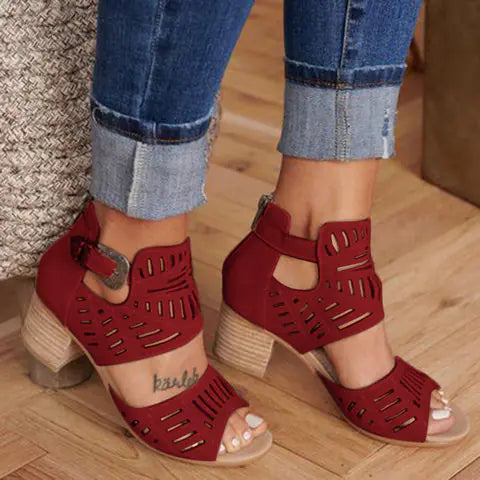 Cutout Floral Chunky Heels Women's Sandals