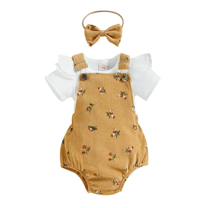 Girls' Floral Corduroy Suspender Pants Set with Headband