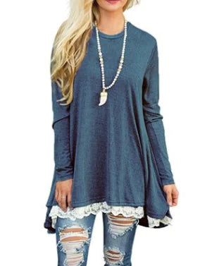 Lace Trim Round Neck Long Sleeve T-Shirt - Trendy Attic Store01