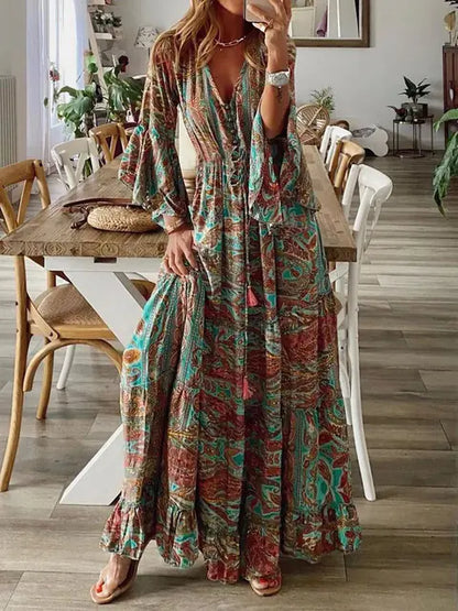 Bohemian Beach Maxi Dress with Floral Print for Women