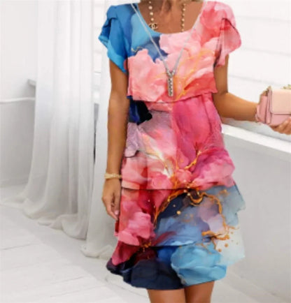Chiffon Summer Short Sleeve O-Neck Print Loose Party Dresses
