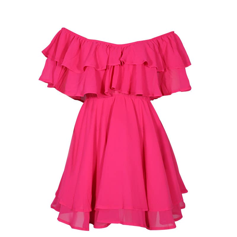 Hot Pink Chiffon Off The Shoulder Ruffle Nimi Dress