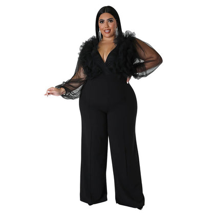 Plus Size Mesh Jumpsuit with Ruffles and Deep V Neck