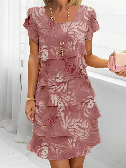Chiffon Summer Short Sleeve O-Neck Print Loose Party Dresses