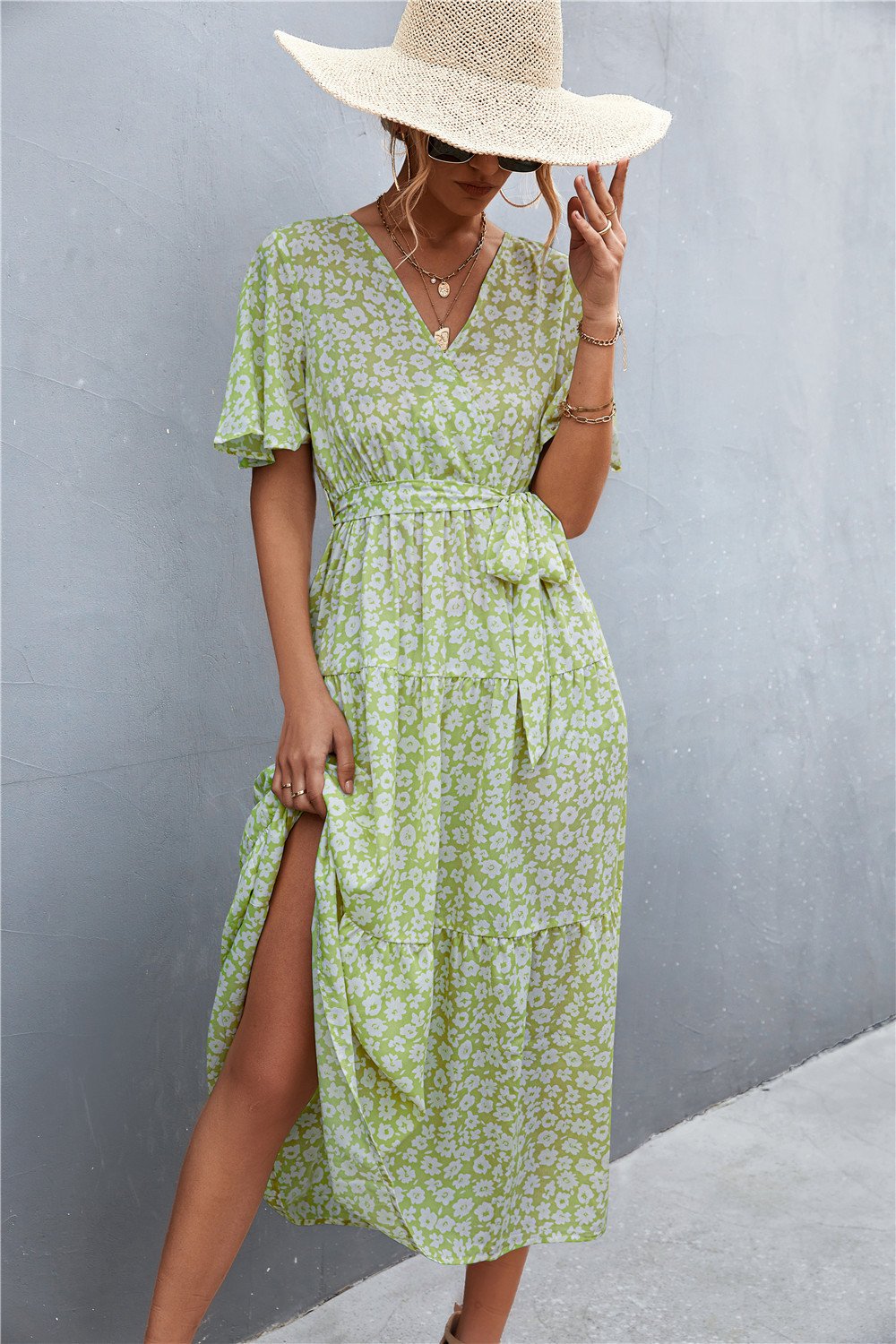 Women's V-Neck Polka Dot Floral Tie Dress