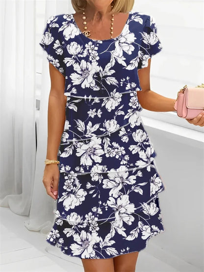 Chiffon Summer Short Sleeve O-Neck Print Loose Party Dresses