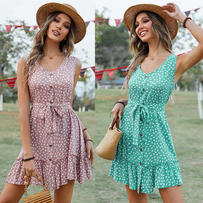 Summer V-Neck Button Sleeveless Dress with Ruffle Hem