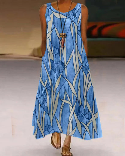 Printed Pocket Round Neck Long Skirt for Women