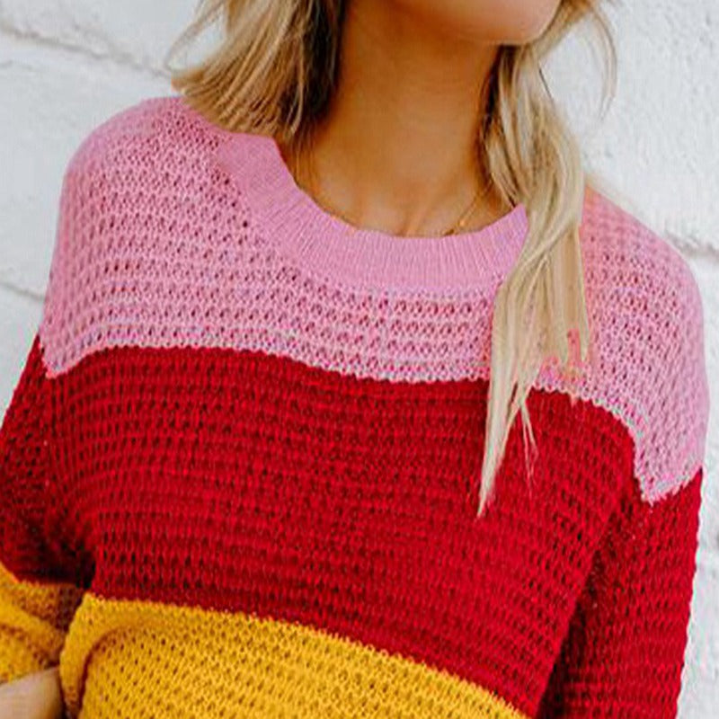 Plus Size Casual Striped Sweater with Round Neck