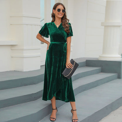 Mid-Length Formal Dress in Gold Velvet for Women