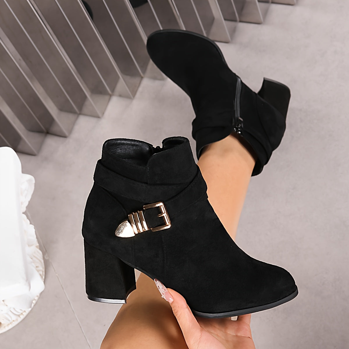 Short Ankle Boots with Chunky Heel, Pointed Toe, and Side Zipper Boots