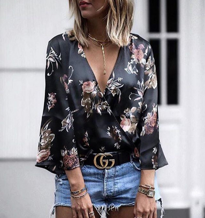 Floral Print Deep V-Neck Long Sleeve T-Shirt
