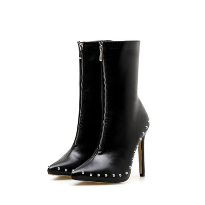 Studded Zipper Knee-High Boots with Heels