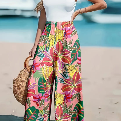 Directional Style  Plus Size Floral Print Pleated Loose Pants