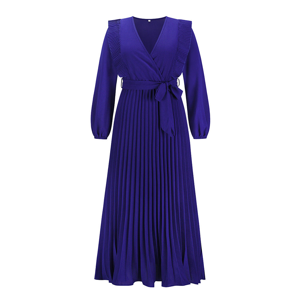 Autumn Winter Women's V-Neck Pleated Dress